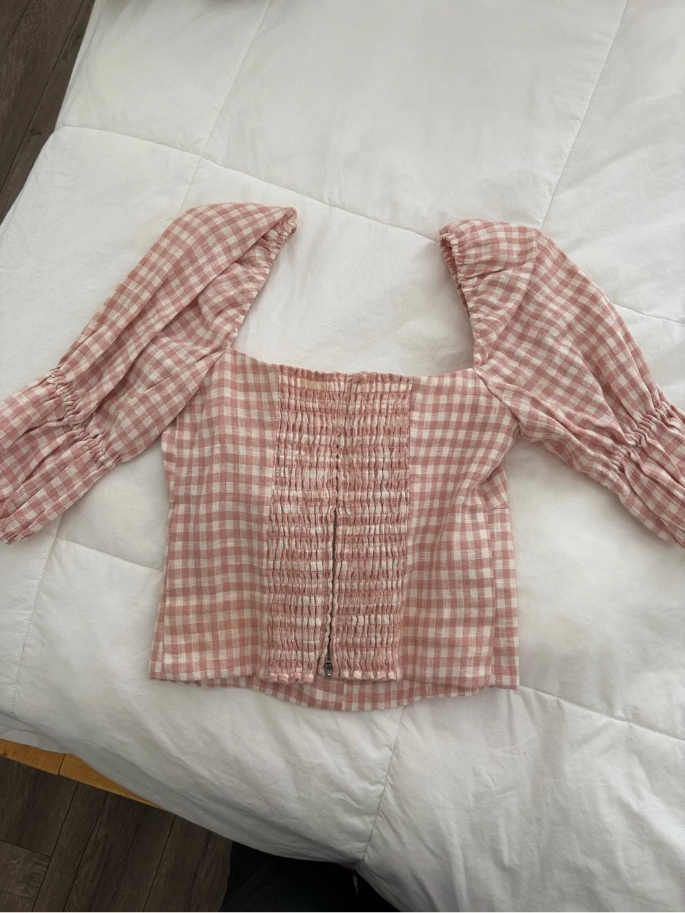 Reformation Blush Gingham Square-Neck Puff Sleeve Crop Top